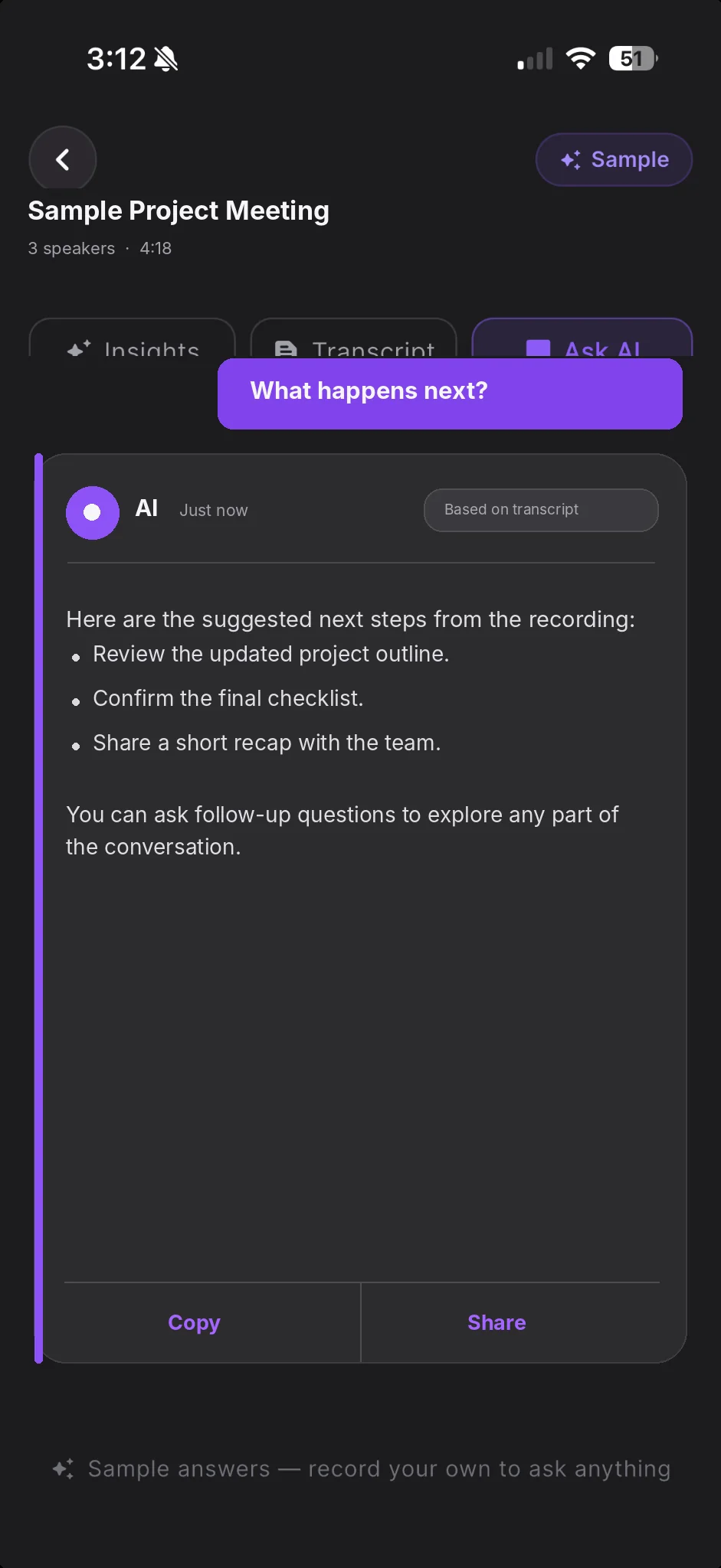 VoiceFold Ask AI answer based on a recording