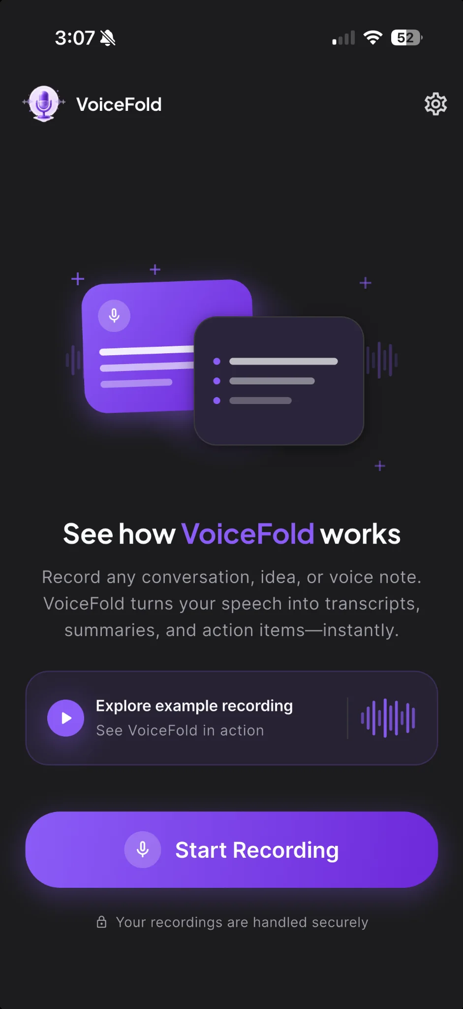 VoiceFold home screen with Start Recording button