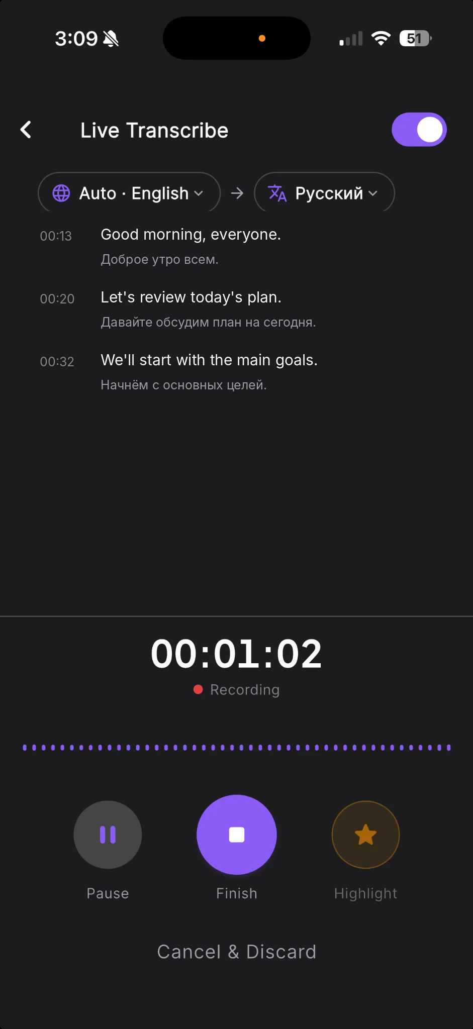 VoiceFold live transcription screen with translation enabled